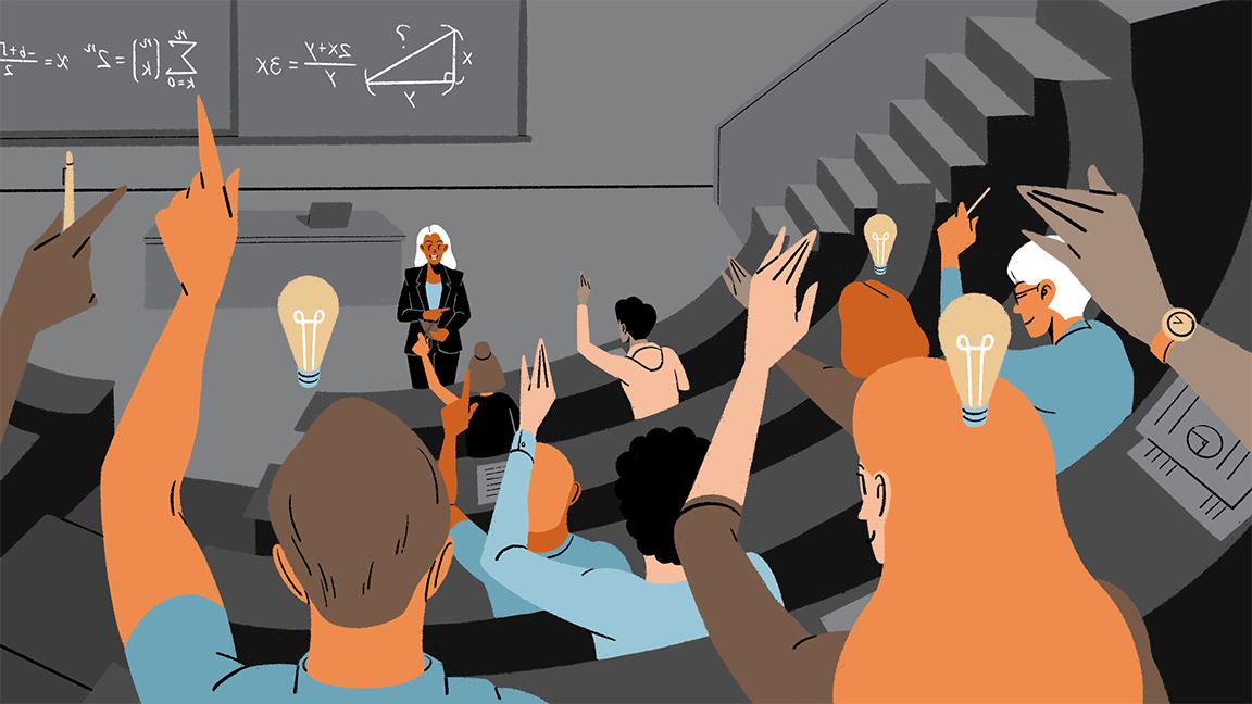 这是一个动画，学生们坐在一个戏剧风格的教室里，双手举起，头顶上闪烁着灯泡. 