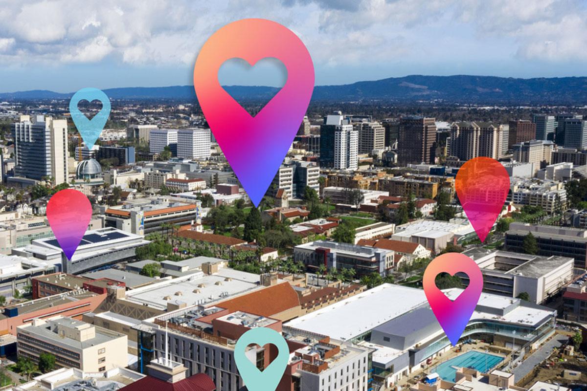 Downtown San Jose with map drop pins.