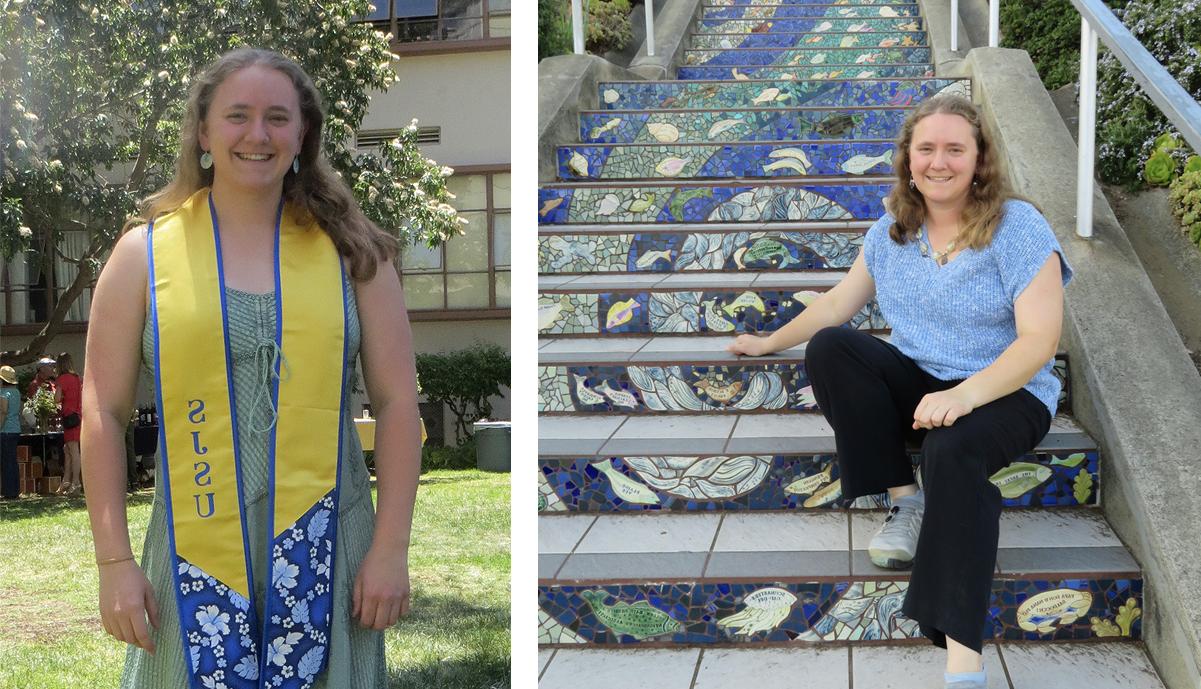 Tara Caughlan sitting on a mosaic staircase and in grad gear..
